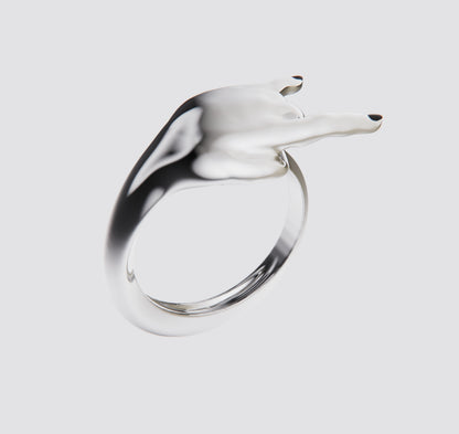 SILVER HAND HORNS RING